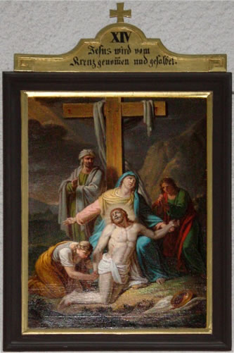 XIV. Jesus wird vom Kreuz genommen und gesalbet.